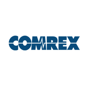 The logo of the brand comrex in blue